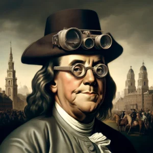 Cowboy Hat Hall of Fame f Benjamin Franklin in 1720 wearing a hat with built in bifocals, set against a backdrop of colonial Philadelphia. The hat is inventive an1893