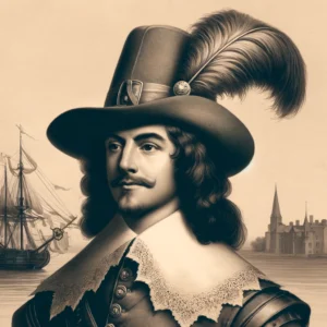 Cowboy Hat Hall of Fame f Captain John Underhill in 1640 wearing a cavalier cap with a flamboyant feather, set against a Massachusetts Bay Colony backdrop. The ha1812