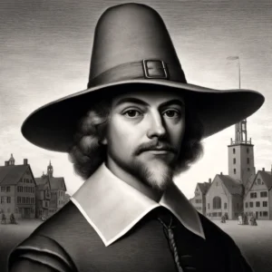 Cowboy Hat Hall of Fame f Cotton Mather in 1690 wearing a practical wide brimmed hat with pockets, set against a backdrop of Salem. The hat is functional and symb1866