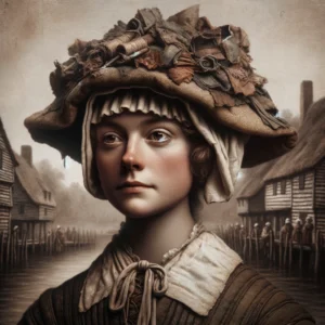 Cowboy Hat Hall of Fame f Mary Rowlandson in 1680 wearing a cap made from found materials, set against a backdrop of a colonial village. The hat is rugged and sym1857