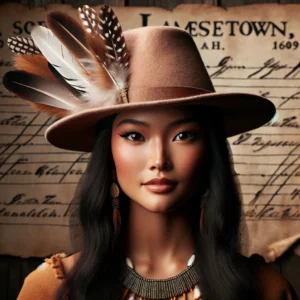 Cowboy Hat Hall of Fame f Pocahontas wearing a feathered fedora hat with feathers, set in a 1609 Jamestown backdrop. The hat is stylish and distinctly different f1776