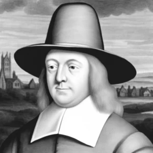 Cowboy Hat Hall of Fame f William Penn in 1670 wearing a simple, wide brimmed Quaker hat, set against a backdrop of Pennsylvania Colony. The hat is austere and sy1839