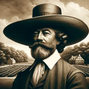 Cowboy Hat Hall of Fame f a wealthy Virginia plantation owner in 1660 wearing a wide brimmed planter hat, set against a backdrop of a lush plantation. The hat is 1830