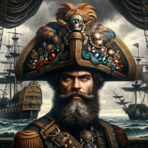 Cowboy Hat Hall of Fame f pirate Blackbeard in 1700 wearing a bejeweled bicorne hat, set against a backdrop of a pirate ship. The hat is extravagant and symbolize1875