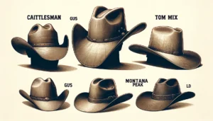 Cowboy Hats A collection of various cowboy hats including the Cattleman, Gus, Tom Mix, and Montana Peak styles, each shown individually. The Cattleman hat has a t3