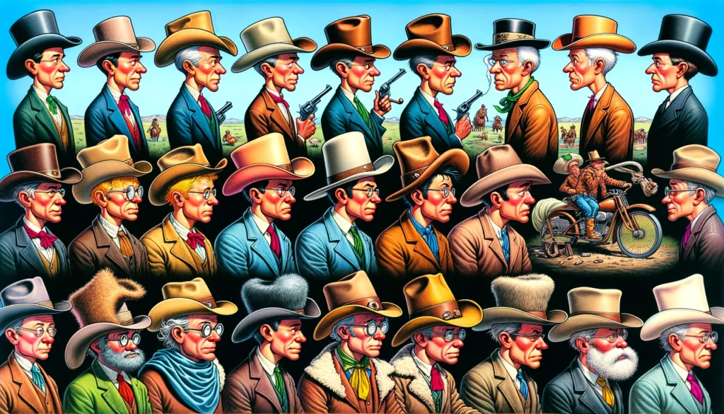 Cowboy Hats A humorous and detailed illustration in the style of Mad Magazine, depicting the history of cowboy hats. The scene includes various cowboys from diffe1