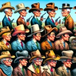 Cowboy Hats A humorous and detailed illustration in the style of Mad Magazine, depicting the history of cowboy hats. The scene includes various cowboys from diffe1