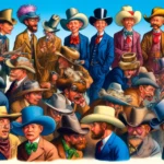 Cowboy Hats A humorous and detailed illustration in the style of Mad Magazine, depicting the history of cowboy hats. The scene includes various cowboys from diffe2