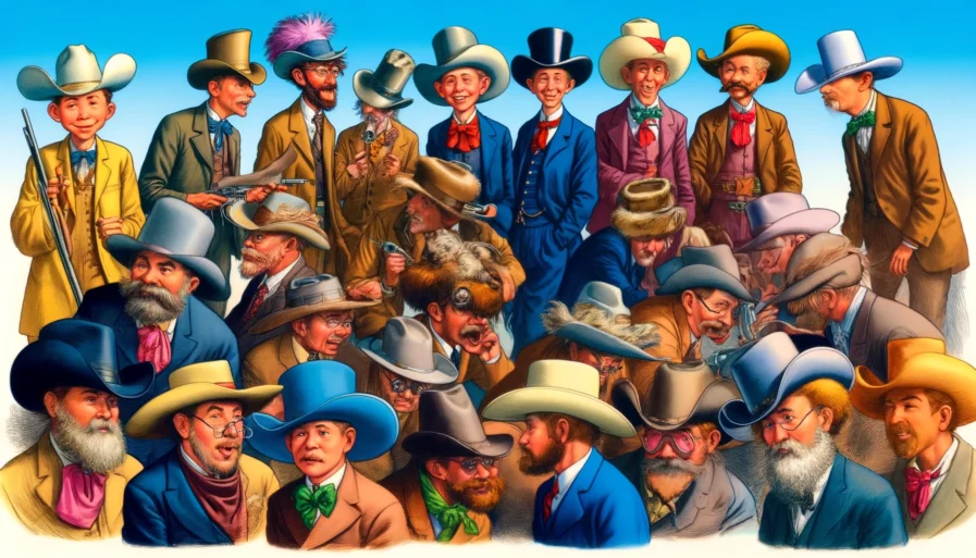 Cowboy Hats A humorous and detailed illustration in the style of Mad Magazine, depicting the history of cowboy hats. The scene includes various cowboys from diffe2
